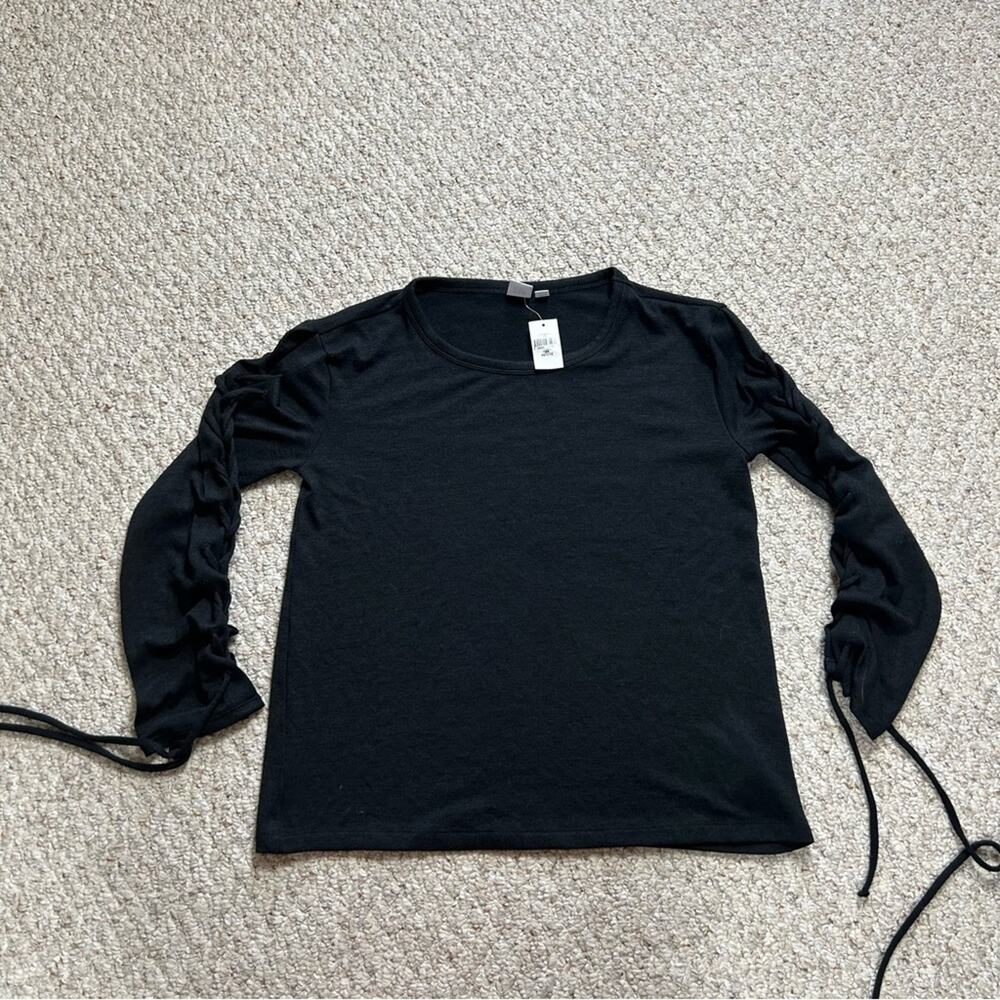 Gap Lattice Sleeve Black Crewneck Sweater Womens XSP XS Petite Lace Up Sleeve